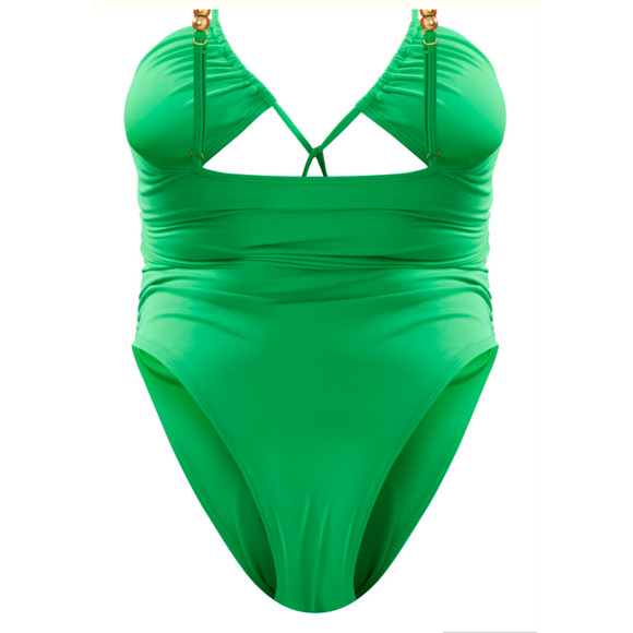 PrettyLittleThing Plus Green Bead Detail Ruched Cut Out Swimsuit Size US 26 NWT - Picture 6 of 6